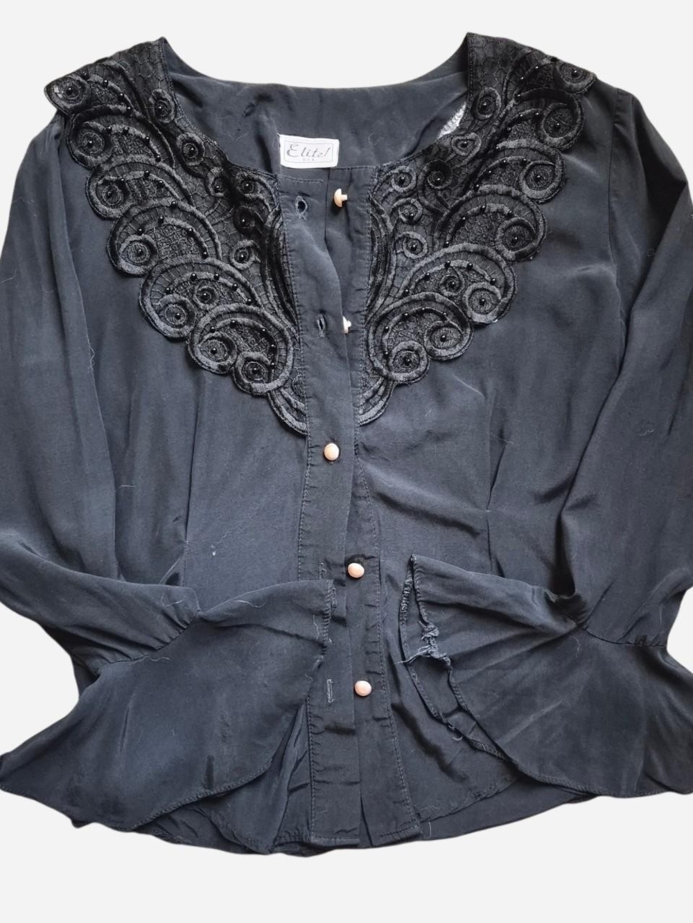 Black Embroidered Neckline Button Front Women's Top